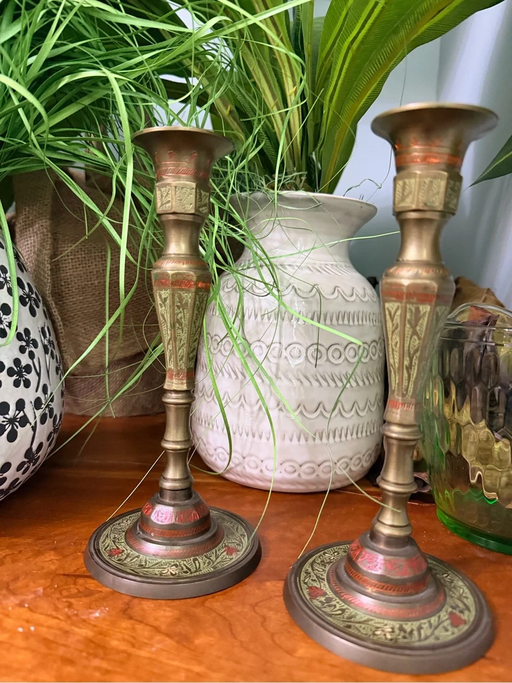 Vintage 1982 Stamped Indian Brass & Enamel Candlesticks – Matching Pair